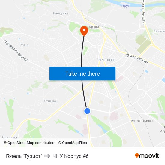 Готель "Турист" to ЧНУ Корпус #6 map