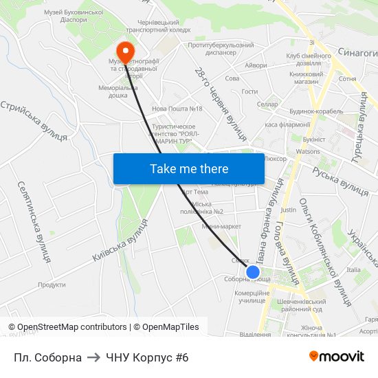 Пл. Соборна to ЧНУ Корпус #6 map