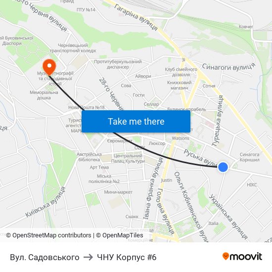 Вул. Садовського to ЧНУ Корпус #6 map