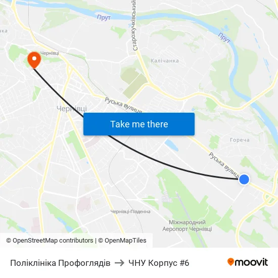 Поліклініка Профоглядів to ЧНУ Корпус #6 map