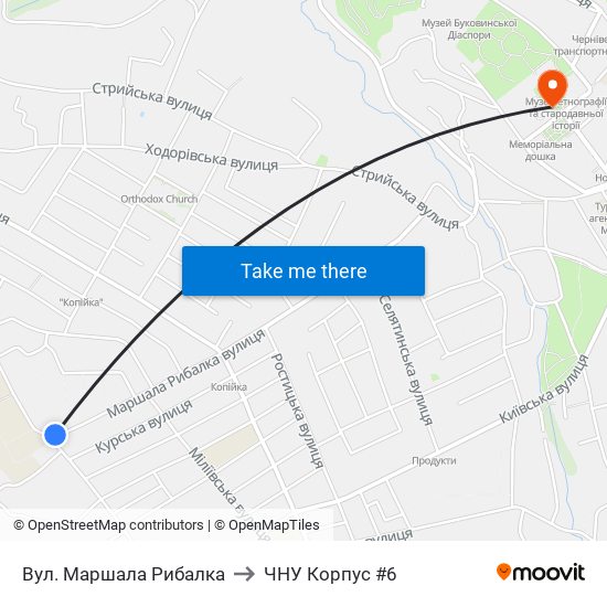 Вул. Маршала Рибалка to ЧНУ Корпус #6 map