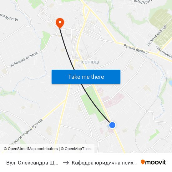 Вул. Олександра Щербанюка to Кафедра юридична психологія ЧНУ map