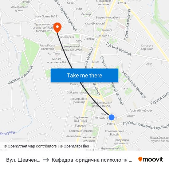 Вул. Шевченка to Кафедра юридична психологія ЧНУ map