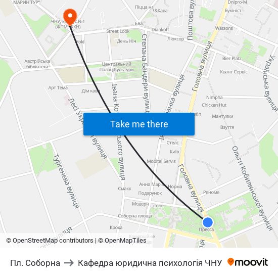 Пл. Соборна to Кафедра юридична психологія ЧНУ map