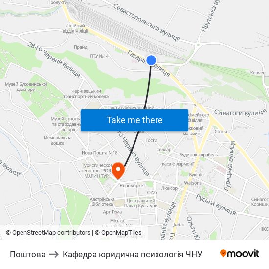 Поштова to Кафедра юридична психологія ЧНУ map