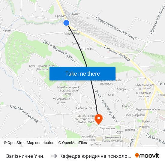 Залізничне Училище to Кафедра юридична психологія ЧНУ map