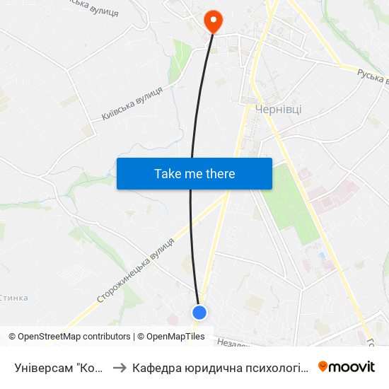 Універсам "Колос" to Кафедра юридична психологія ЧНУ map