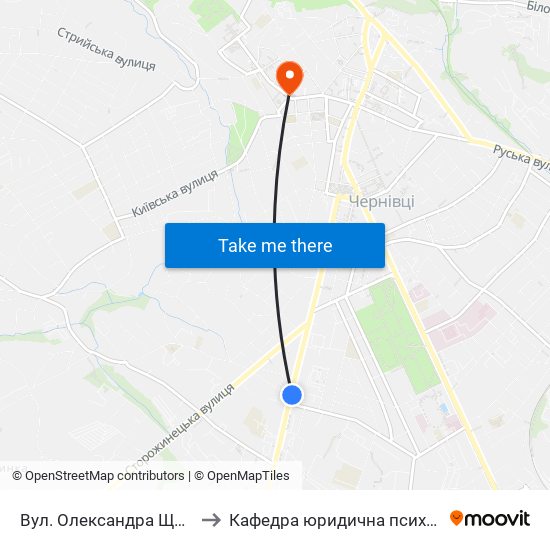 Вул. Олександра Щербанюка to Кафедра юридична психологія ЧНУ map