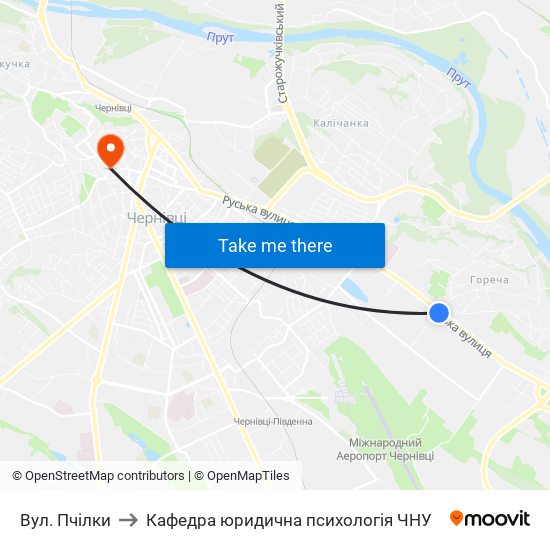 Вул. Пчілки to Кафедра юридична психологія ЧНУ map