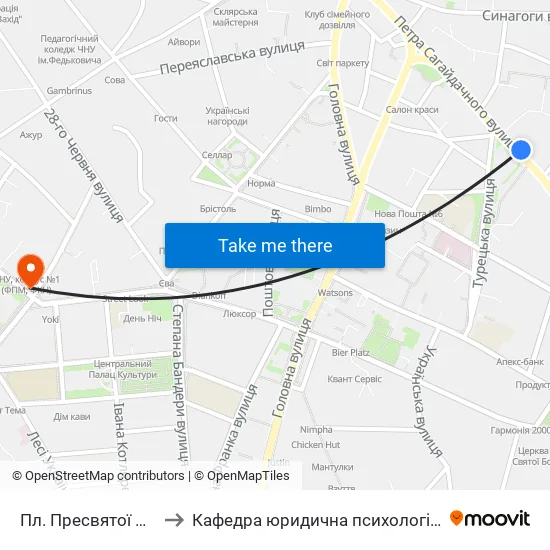 Пл. Пресвятої Марії to Кафедра юридична психологія ЧНУ map