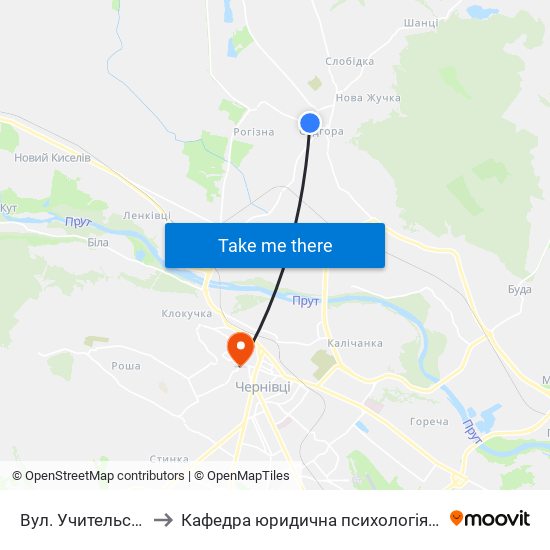 Вул. Учительська to Кафедра юридична психологія ЧНУ map