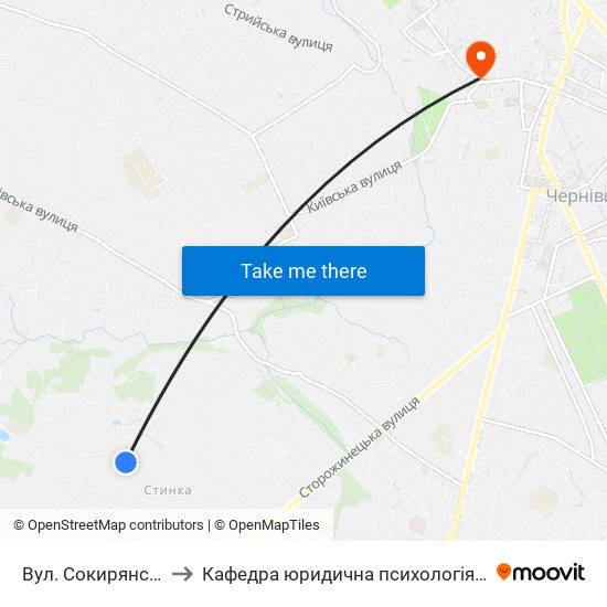 Вул. Сокирянська to Кафедра юридична психологія ЧНУ map