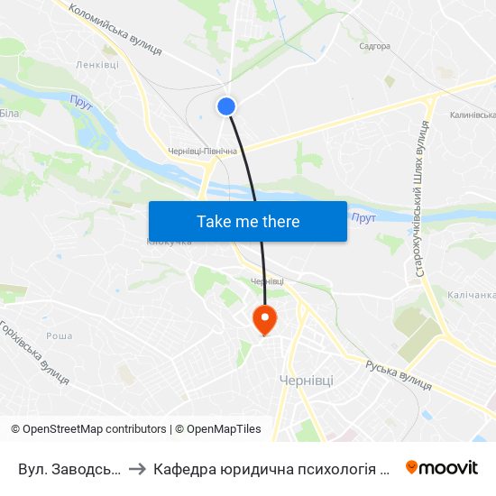 Вул. Заводська to Кафедра юридична психологія ЧНУ map