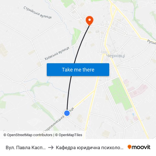 Вул. Павла Каспрука to Кафедра юридична психологія ЧНУ map