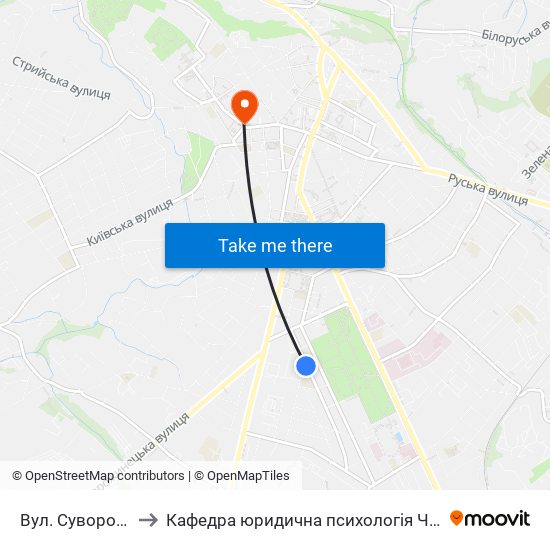 Вул. Суворова to Кафедра юридична психологія ЧНУ map