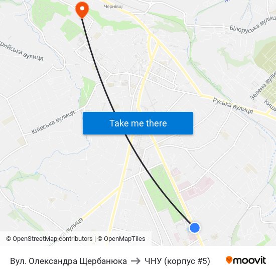 Вул. Олександра Щербанюка to ЧНУ (корпус #5) map