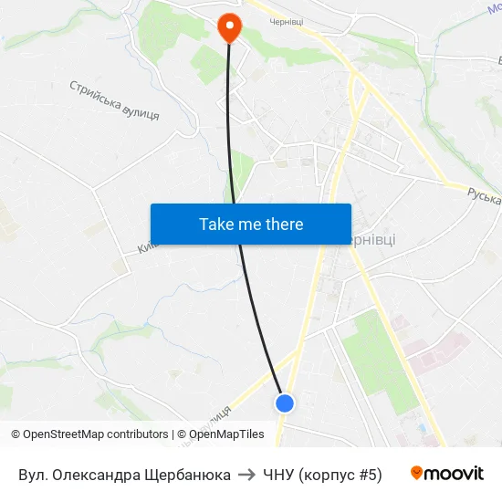 Вул. Олександра Щербанюка to ЧНУ (корпус #5) map