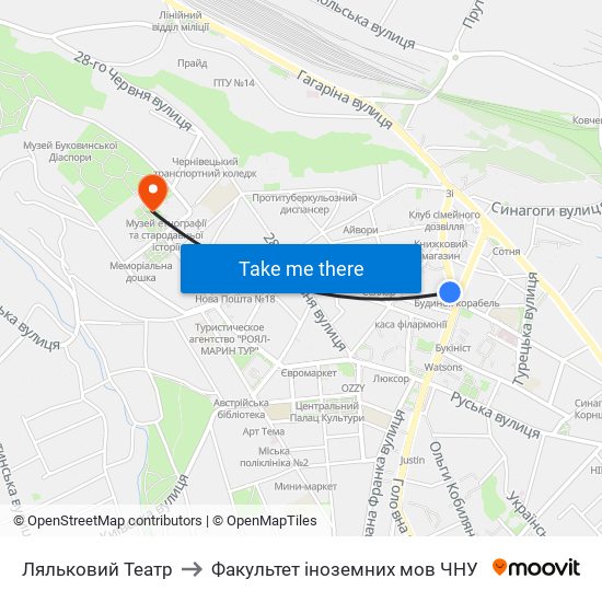 Ляльковий Театр to Факультет іноземних мов ЧНУ map