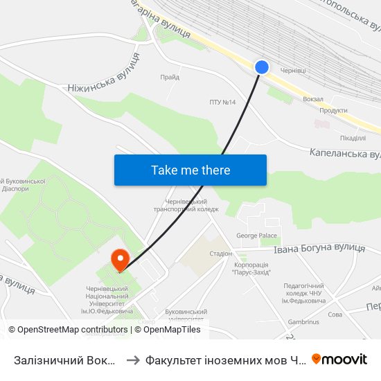 Залізничний Вокзал to Факультет іноземних мов ЧНУ map