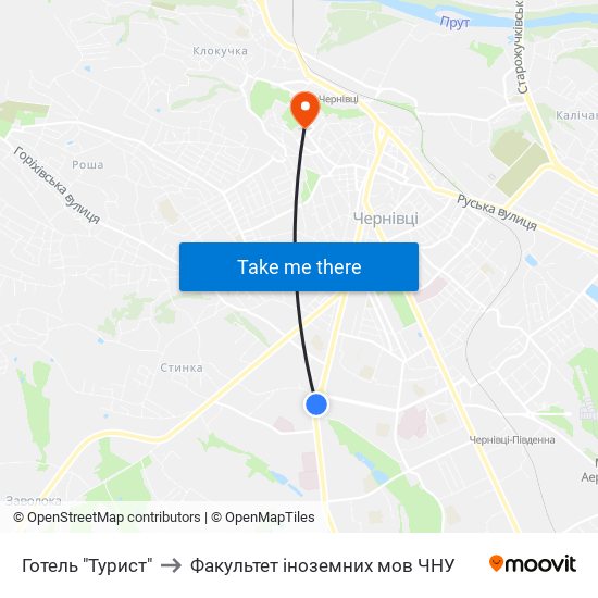 Готель "Турист" to Факультет іноземних мов ЧНУ map