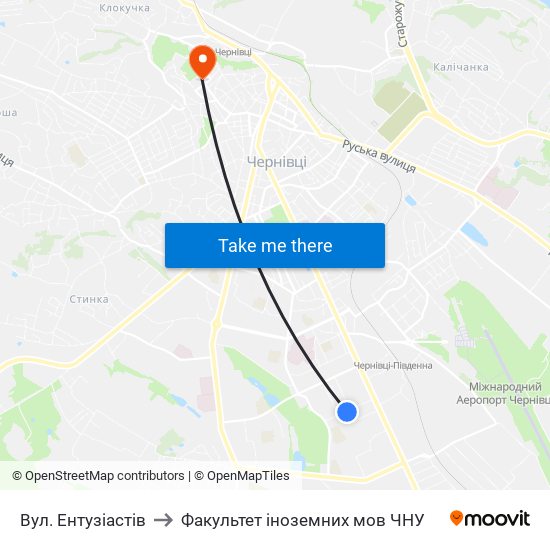 Вул. Ентузіастів to Факультет іноземних мов ЧНУ map