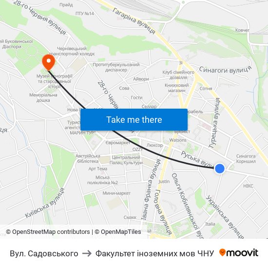 Вул. Садовського to Факультет іноземних мов ЧНУ map