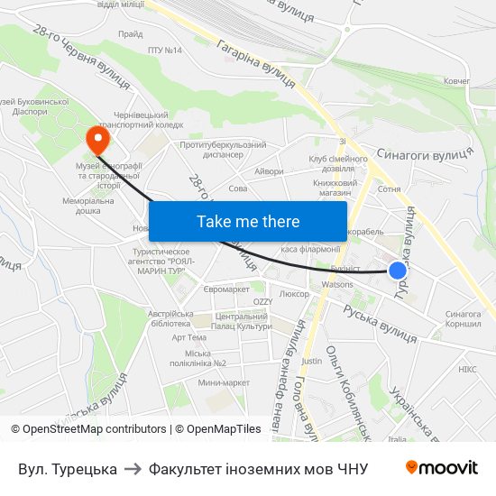 Вул. Турецька to Факультет іноземних мов ЧНУ map