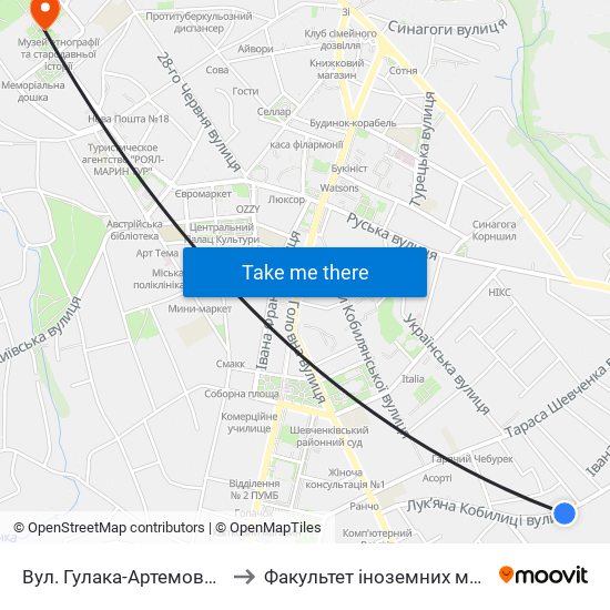 Вул. Гулака-Артемовського to Факультет іноземних мов ЧНУ map