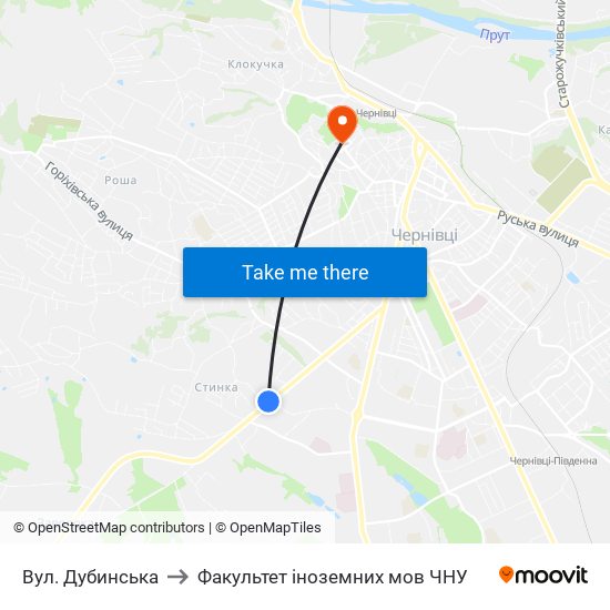 Вул. Дубинська to Факультет іноземних мов ЧНУ map