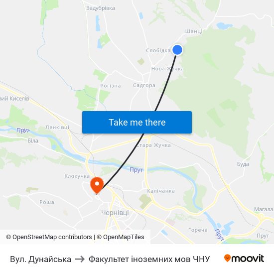 Вул. Дунайська to Факультет іноземних мов ЧНУ map