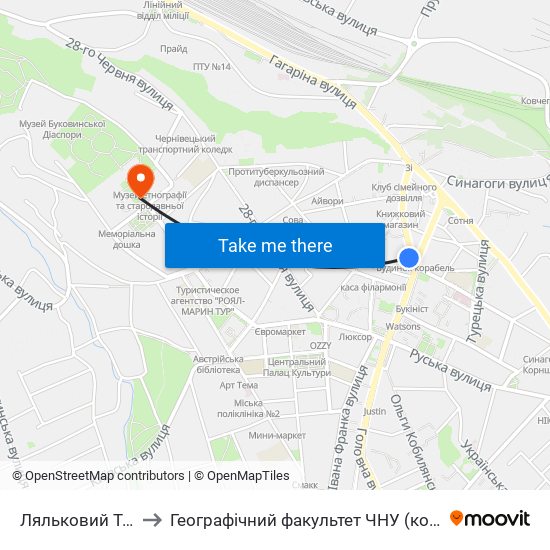 Ляльковий Театр to Географічний факультет ЧНУ (корпус #4) map