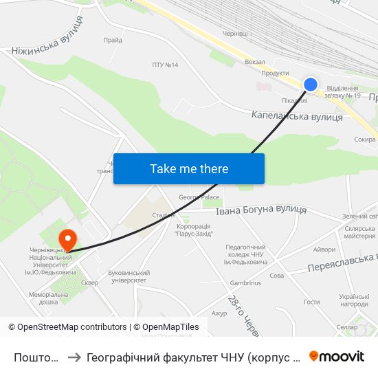 Поштова to Географічний факультет ЧНУ (корпус #4) map