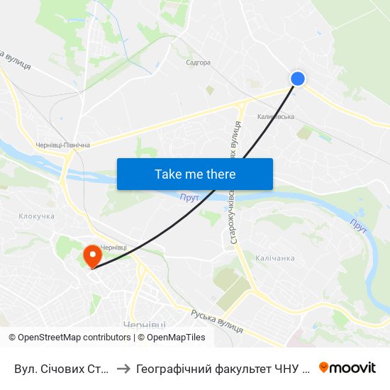 Вул. Січових Стрільців to Географічний факультет ЧНУ (корпус #4) map