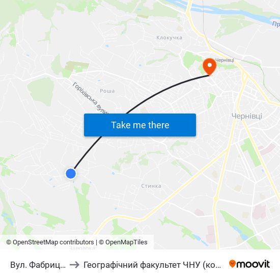 Вул. Фабриціуса to Географічний факультет ЧНУ (корпус #4) map