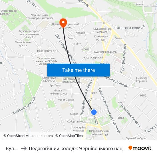 Вул. Гоголя to Педагогічний коледж Чернівецького національного університету їм. Ю. Федьковича map