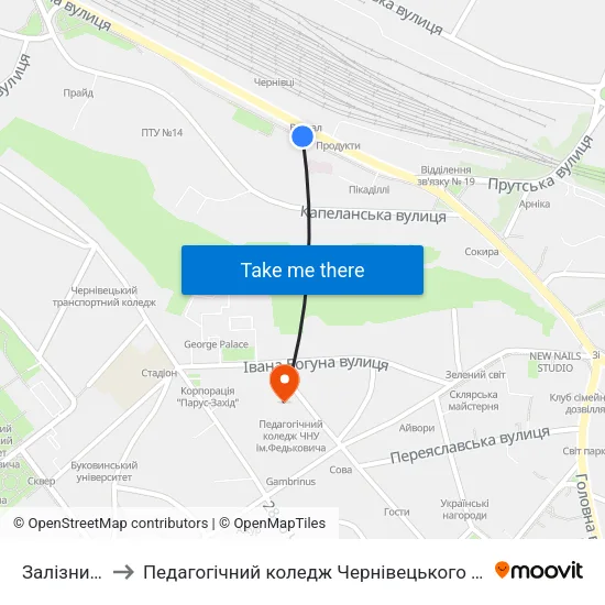 Залізничний Вокзал to Педагогічний коледж Чернівецького національного університету їм. Ю. Федьковича map