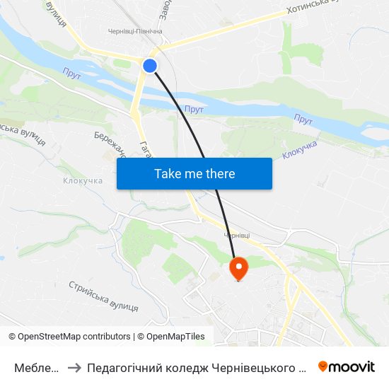 Меблева Фабрика to Педагогічний коледж Чернівецького національного університету їм. Ю. Федьковича map