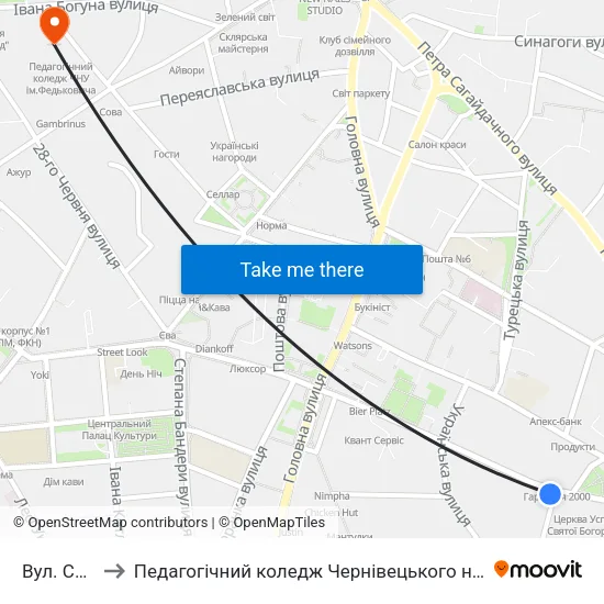 Вул. Садовського to Педагогічний коледж Чернівецького національного університету їм. Ю. Федьковича map