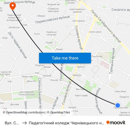 Вул. Садовського to Педагогічний коледж Чернівецького національного університету їм. Ю. Федьковича map