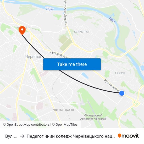 Вул. Руська to Педагогічний коледж Чернівецького національного університету їм. Ю. Федьковича map