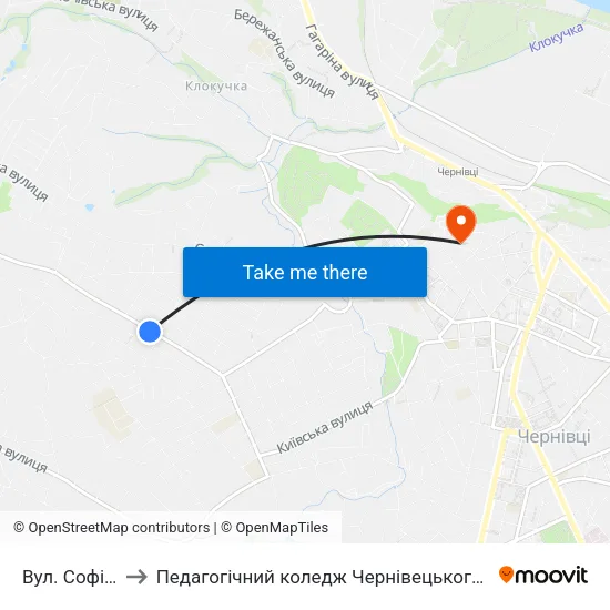 Вул. Софії Ковалевської to Педагогічний коледж Чернівецького національного університету їм. Ю. Федьковича map