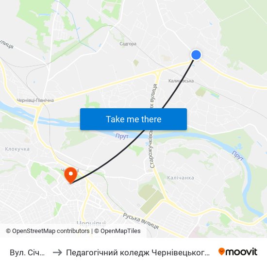 Вул. Січових Стрільців to Педагогічний коледж Чернівецького національного університету їм. Ю. Федьковича map