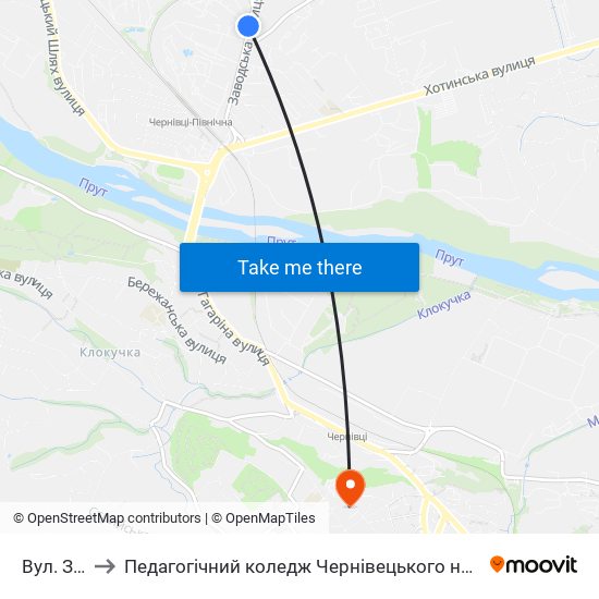 Вул. Заводська to Педагогічний коледж Чернівецького національного університету їм. Ю. Федьковича map