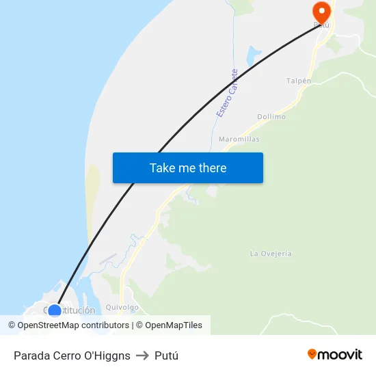 Parada Cerro O'Higgns to Putú map