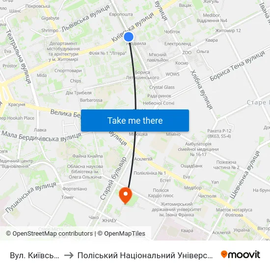 Вул. Київська to Поліський Національний Університет map