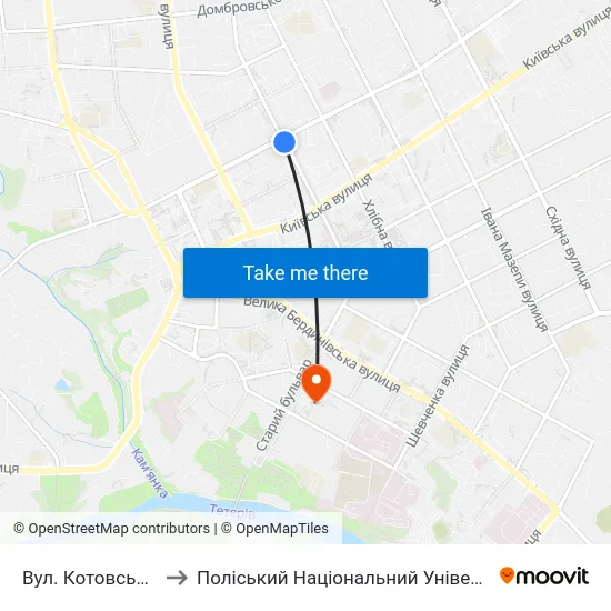 Вул. Котовського to Поліський Національний Університет map