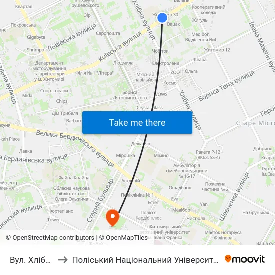 Вул. Хлібна to Поліський Національний Університет map