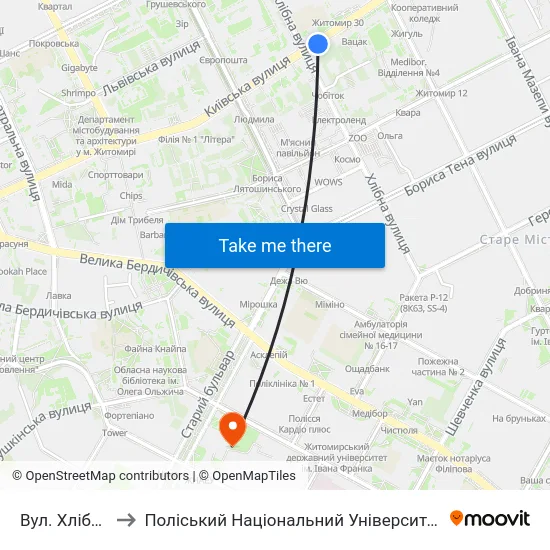 Вул. Хлібна to Поліський Національний Університет map