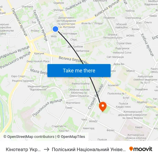 Кінотеатр Україна to Поліський Національний Університет map