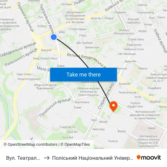Вул. Театральна to Поліський Національний Університет map